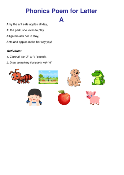 Phonics Worksheet Letter A Activities